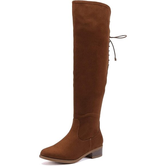 Women's Camel Faux Suede Over The Knee High Side Zip Block Heel Riding Booties
